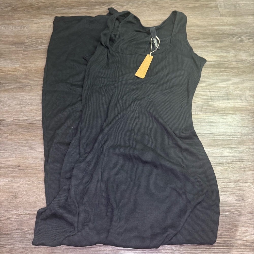 SKIMS Threadbare Ribbed Cotton Long Tank Maxi Dress in Soot - Picture 2 of 8